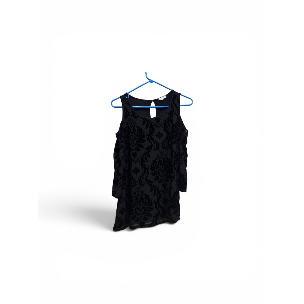 Women Black Flocked Velvet Damask Cold Shoulder Baroque Top Size M Keyhole Back